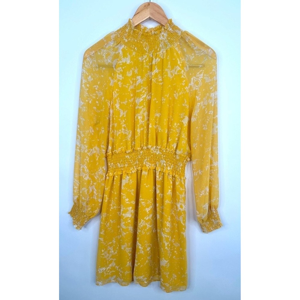 Yellow Floral Smocked Mock Neck Mini Dress Long Sleeve Lined Keyhole Back